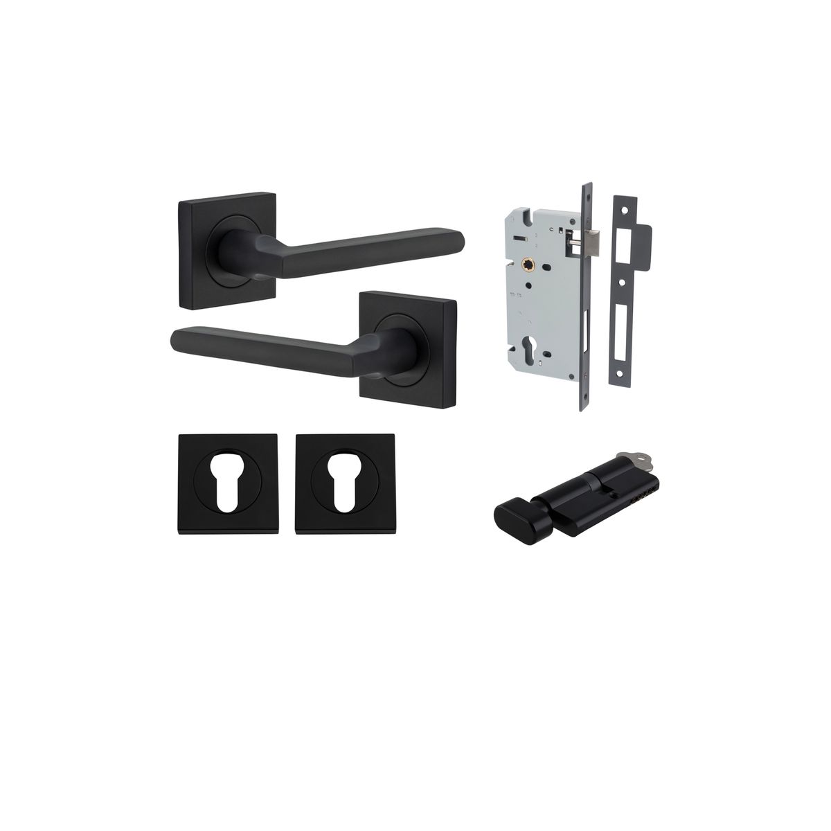 Iver Baltimore Door Lever Rose Square Concealed Fix Pair, Passage Kit, Privacy Kit , Entrance Kit with High Security Lock - Matt Black