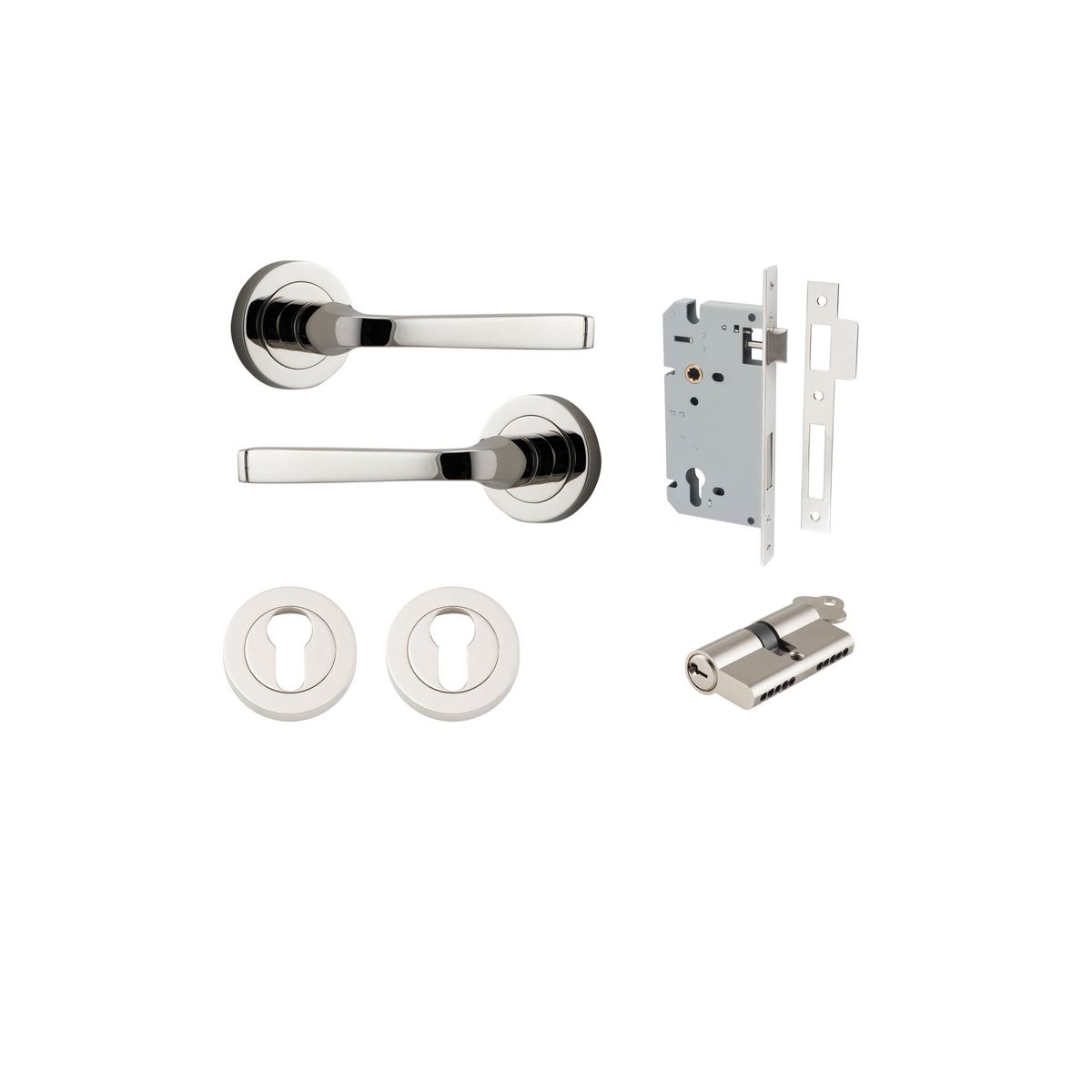 Iver Annecy Door Lever Rose Round Concealed Fix Pair, Passage Kit, Privacy Kit , Entrance Kit with High Security Lock -Polished Nickel