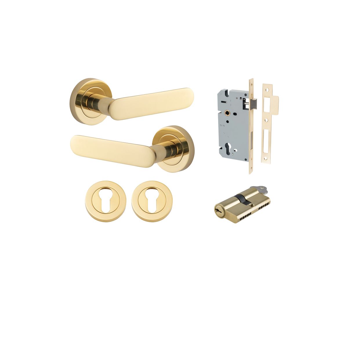 Iver Bronte Door Lever Rose Round Concealed Fix Pair, Passage Kit, Privacy Kit , Entrance Kit with High Security Lock -Polished Brass