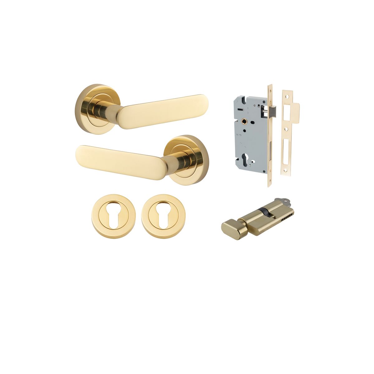 Iver Bronte Door Lever Rose Round Concealed Fix Pair, Passage Kit, Privacy Kit , Entrance Kit with High Security Lock -Polished Brass
