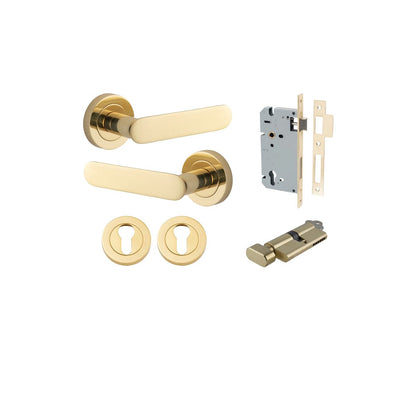 Iver Bronte Door Lever Rose Round Concealed Fix Pair, Passage Kit, Privacy Kit , Entrance Kit with High Security Lock -Polished Brass