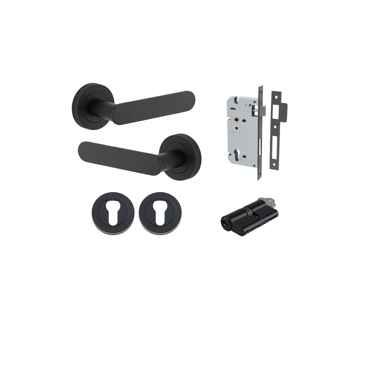 Iver Bronte Door Lever Rose Round Concealed Fix Pair, Passage Kit, Privacy Kit , Entrance Kit with High Security Lock -Matt Black