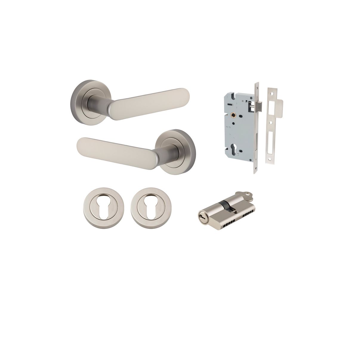 Iver Bronte Door Lever Rose Round Concealed Fix Pair, Passage Kit, Privacy Kit , Entrance Kit with High Security Lock - Satin Nickel