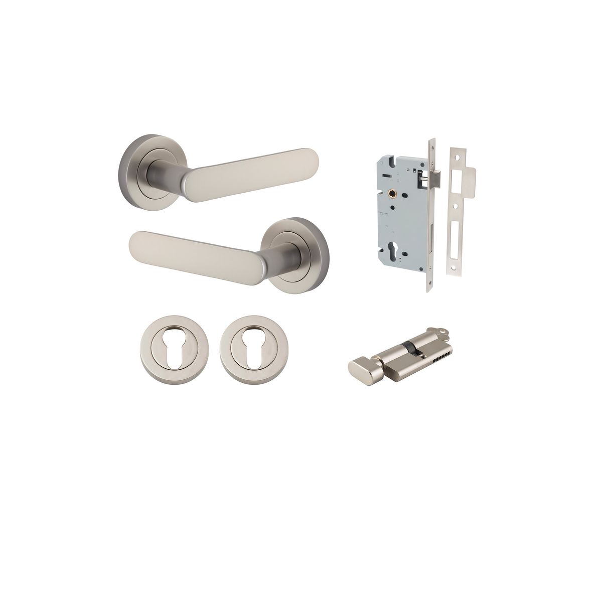 Iver Bronte Door Lever Rose Round Concealed Fix Pair, Passage Kit, Privacy Kit , Entrance Kit with High Security Lock - Satin Nickel