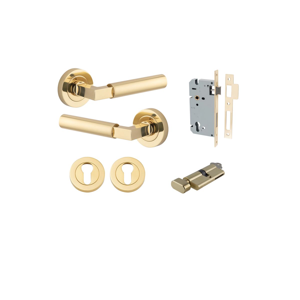 Iver Berlin Door Lever Rose Round Concealed Fix Pair, Passage Kit, Privacy Kit , Entrance Kit with High Security Lock -Polished Brass