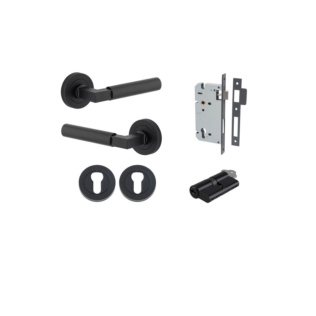 Iver Berlin Door Lever Rose Round Concealed Fix Pair, Passage Kit, Privacy Kit , Entrance Kit with High Security Lock - Matt Black