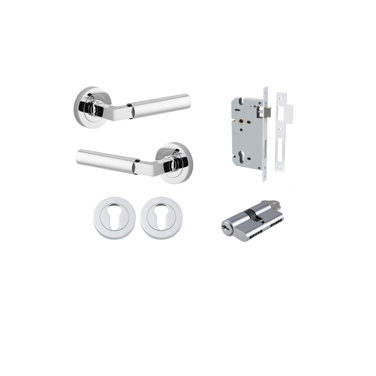 Iver Berlin Door Lever Rose Round Concealed Fix Pair, Passage Kit, Privacy Kit , Entrance Kit with High Security Lock - Polished Chrome