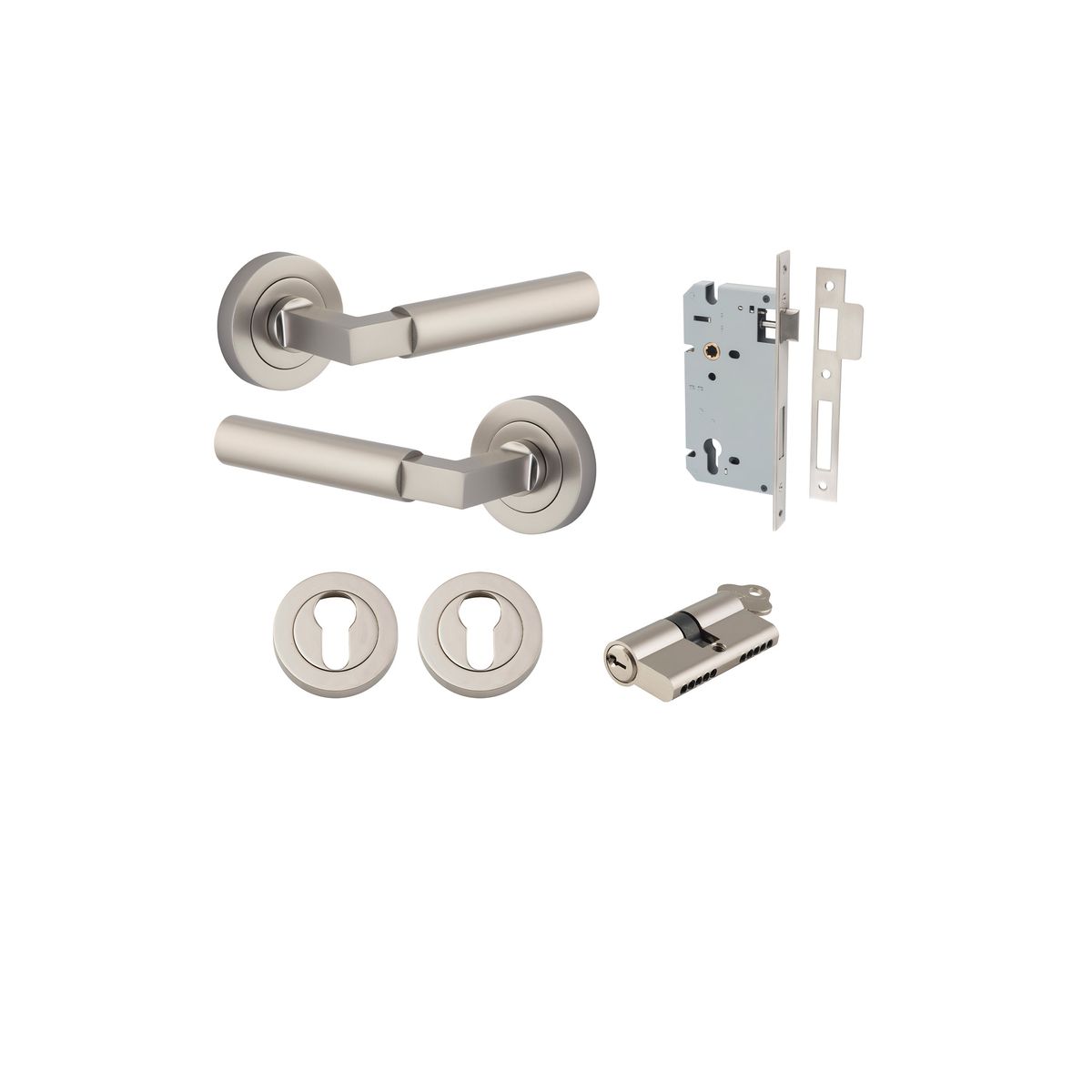 Iver Berlin Door Lever Rose Round Concealed Fix Pair, Passage Kit, Privacy Kit , Entrance Kit with High Security Lock - Satin Nickel