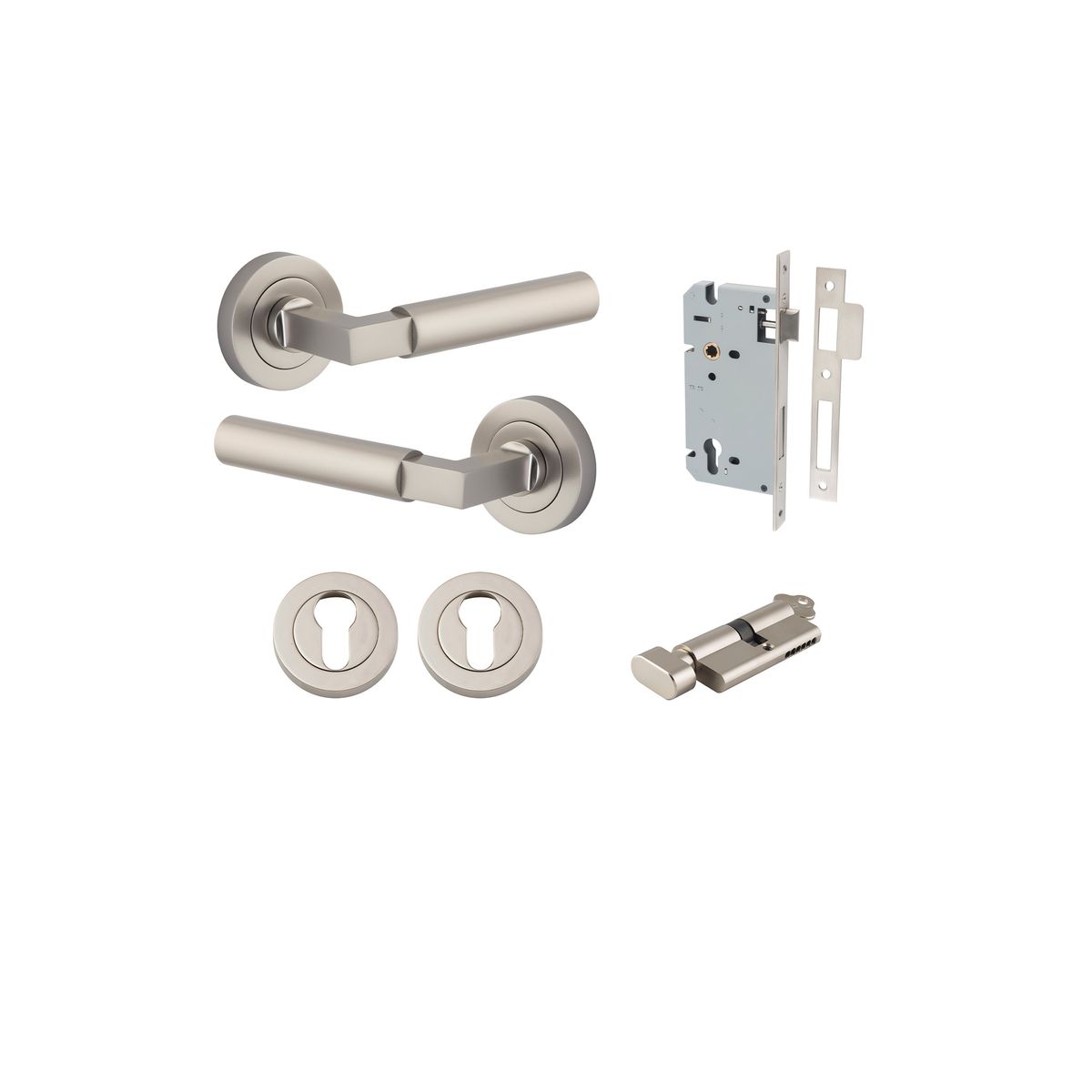 Iver Berlin Door Lever Rose Round Concealed Fix Pair, Passage Kit, Privacy Kit , Entrance Kit with High Security Lock - Satin Nickel