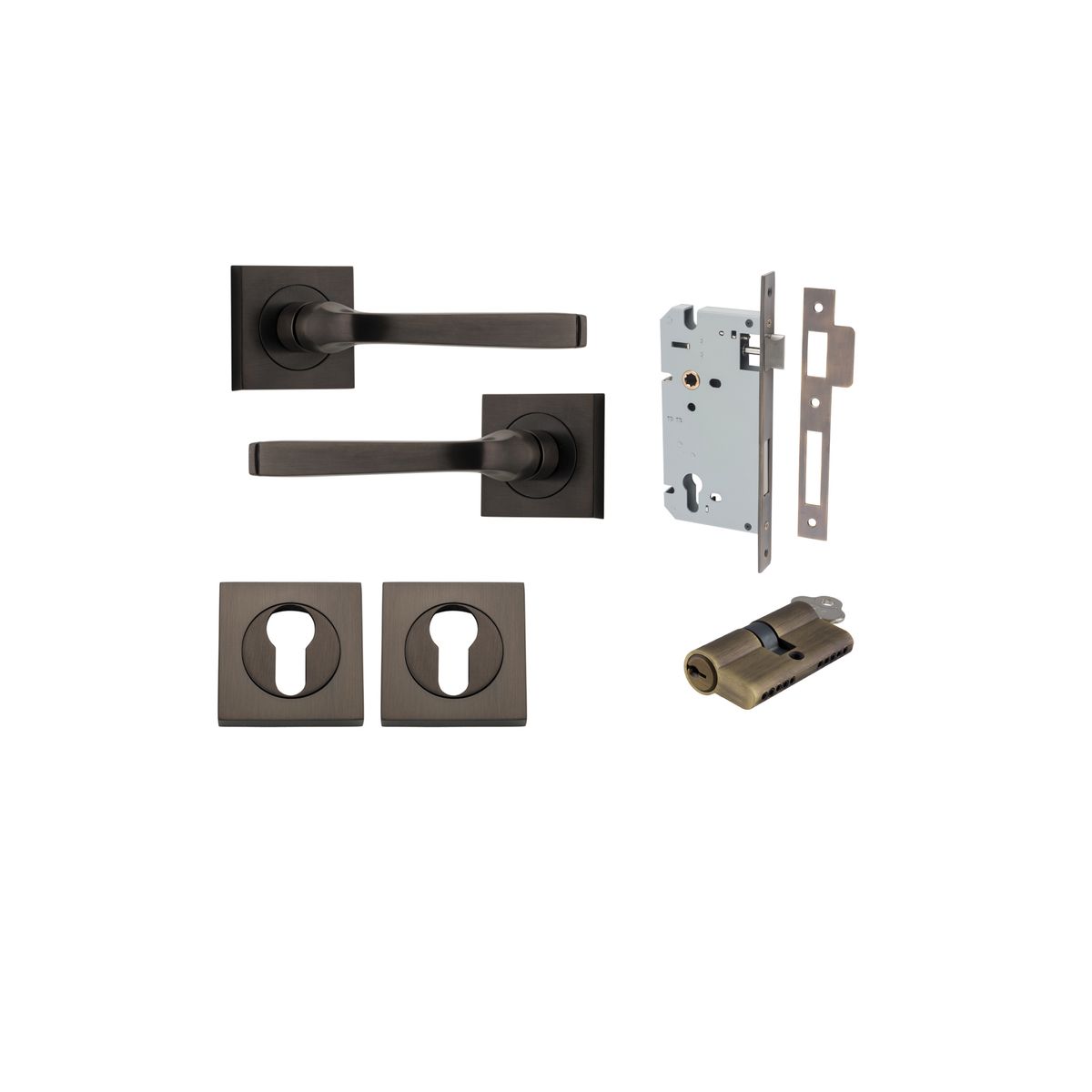Iver Annecy Door Lever Rose Square Concealed Fix Pair, Passage Kit, Privacy Kit , Entrance Kit with High Security Lock -Signature Brass