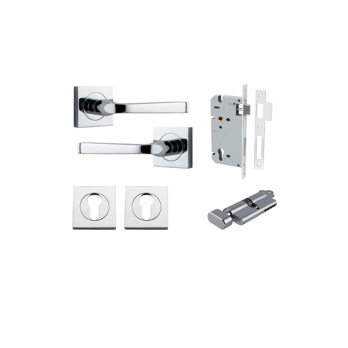 Iver Annecy Door Lever Rose Square Concealed Fix Pair, Passage Kit, Privacy Kit , Entrance Kit with High Security Lock -Polished Chrome