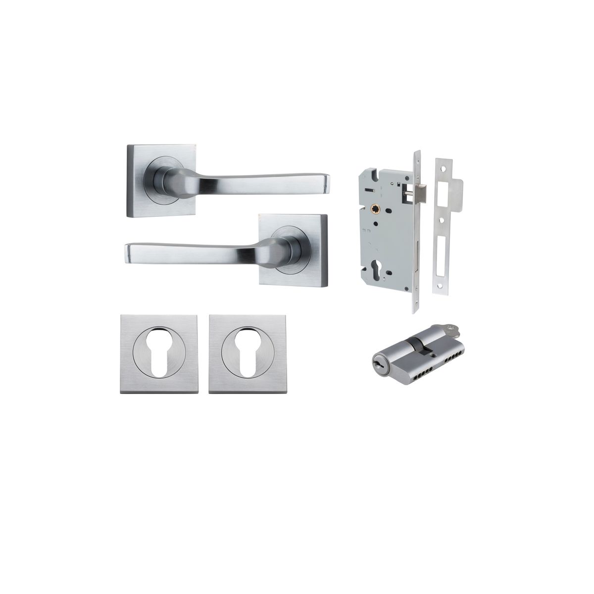 Iver Annecy Door Lever Rose Square Concealed Fix Pair, Passage Kit, Privacy Kit , Entrance Kit with High Security Lock -Brushed Chrome