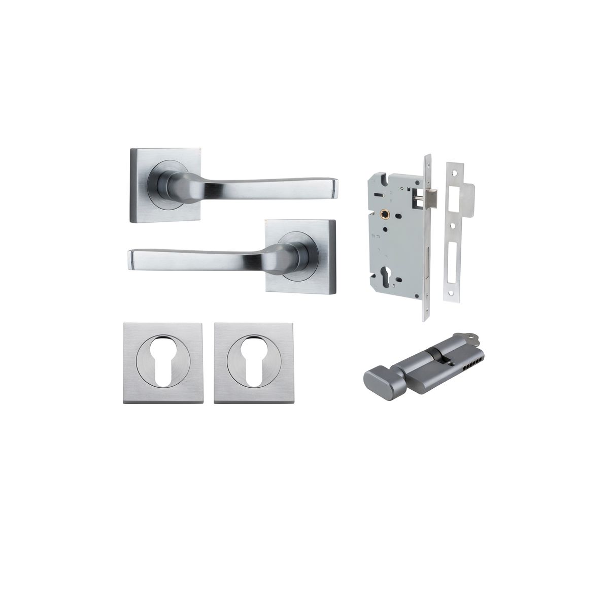 Iver Annecy Door Lever Rose Square Concealed Fix Pair, Passage Kit, Privacy Kit , Entrance Kit with High Security Lock -Brushed Chrome