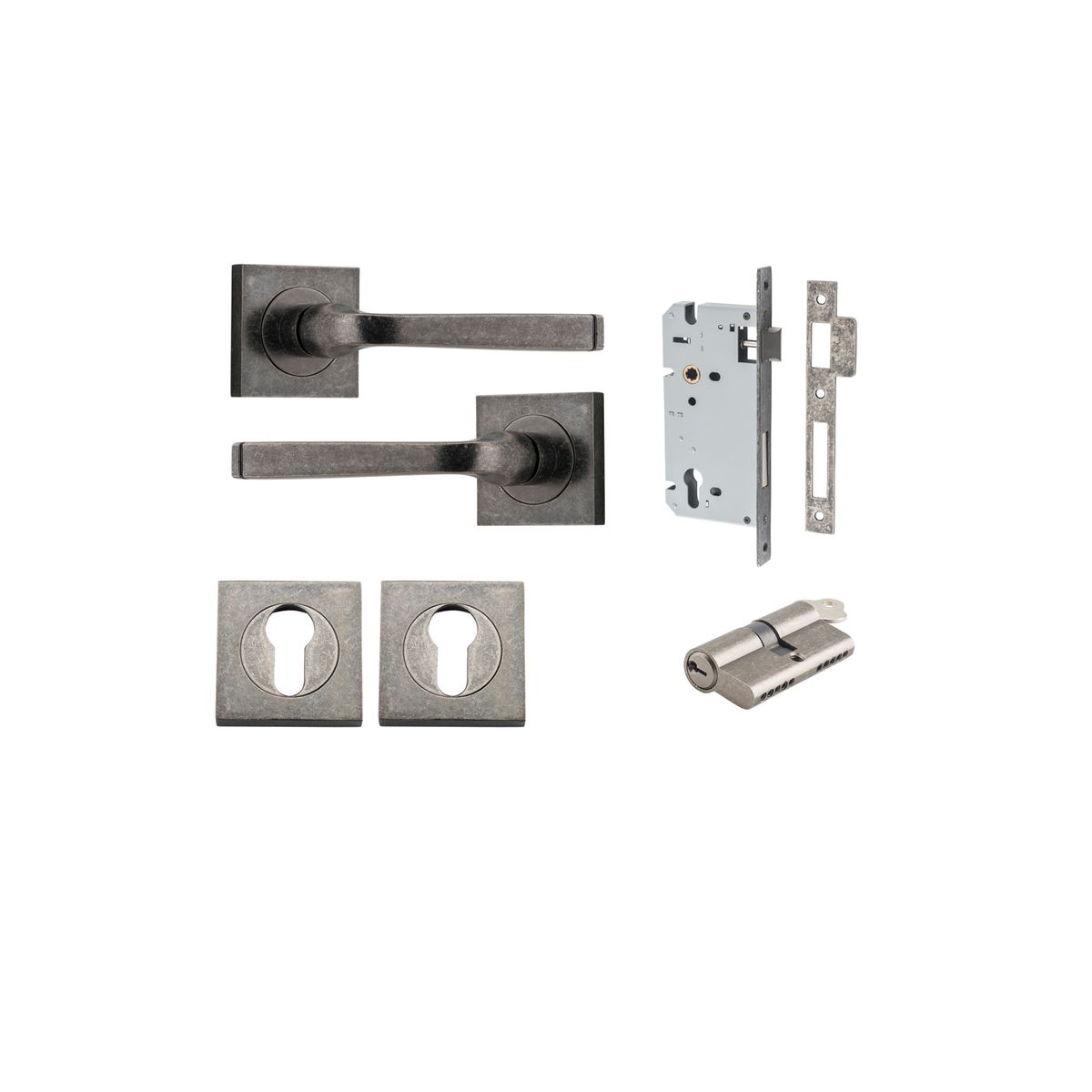 Iver Annecy Door Lever Rose Square Concealed Fix Pair, Passage Kit, Privacy Kit , Entrance Kit with High Security Lock - Distressed Nickel