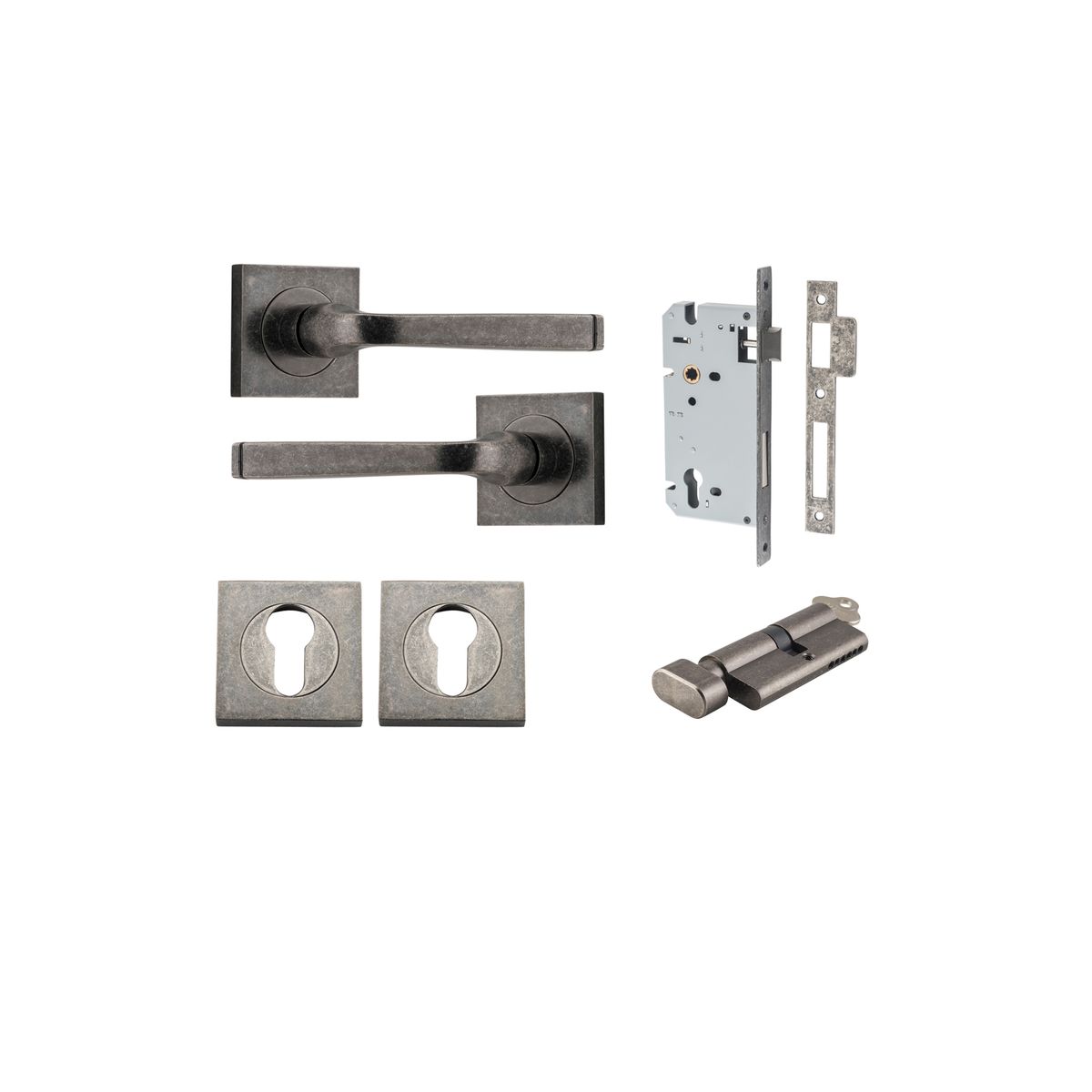 Iver Annecy Door Lever Rose Square Concealed Fix Pair, Passage Kit, Privacy Kit , Entrance Kit with High Security Lock - Distressed Nickel
