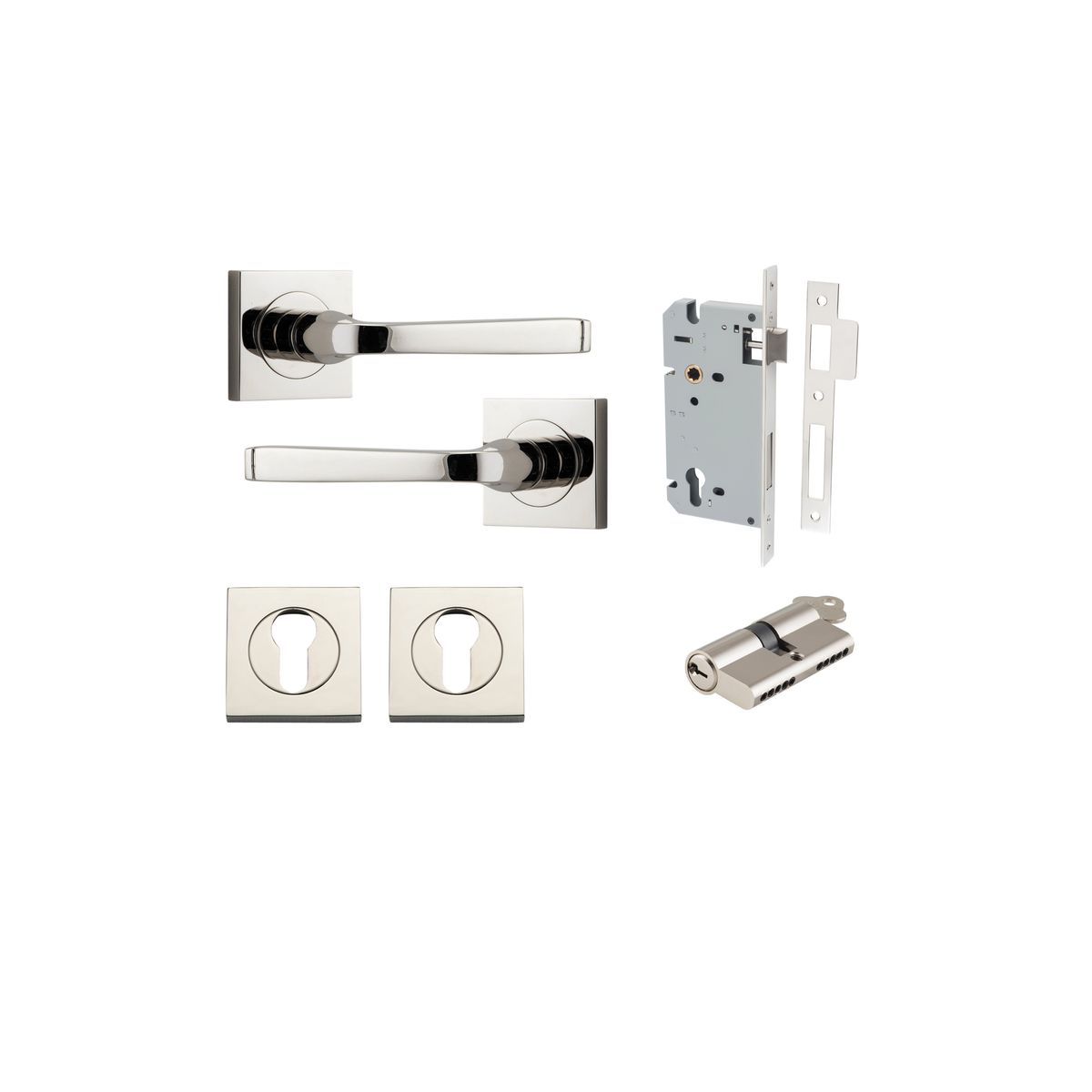 Iver Annecy Door Lever Rose Square Concealed Fix Pair, Passage Kit, Privacy Kit , Entrance Kit with High Security Lock -Polished Nickel