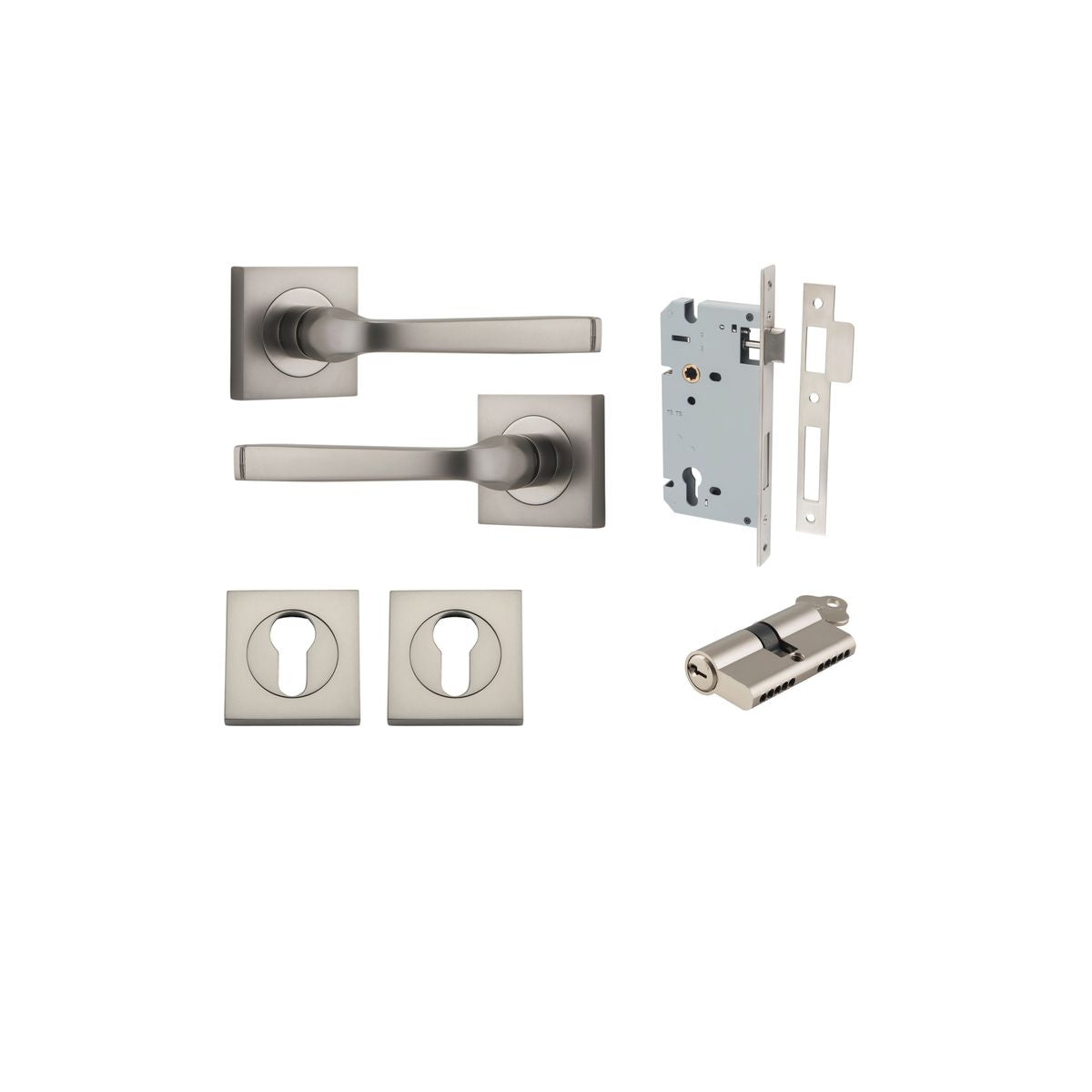 Iver Annecy Door Lever Rose Square Concealed Fix Pair, Passage Kit, Privacy Kit , Entrance Kit with High Security Lock - Satin Nickel
