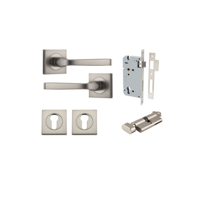 Iver Annecy Door Lever Rose Square Concealed Fix Pair, Passage Kit, Privacy Kit , Entrance Kit with High Security Lock - Satin Nickel