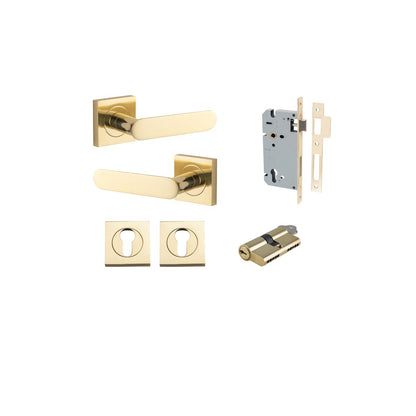 Iver Bronte Door Lever Square Rose Concealed Fix Pair, Passage Kit, Privacy Kit , Entrance Kit with High Security Lock -Polished Brass
