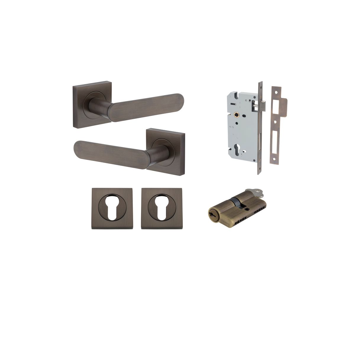 Iver Bronte Door Lever Square Rose Concealed Fix Pair, Passage Kit, Privacy Kit , Entrance Kit with High Security Lock -  Signature Brass