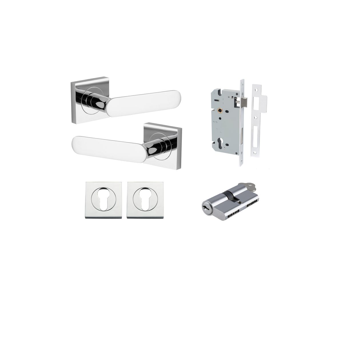 Iver Bronte Door Lever Square Rose Concealed Fix Pair, Passage Kit, Privacy Kit , Entrance Kit with High Security Lock - Polished Chrome