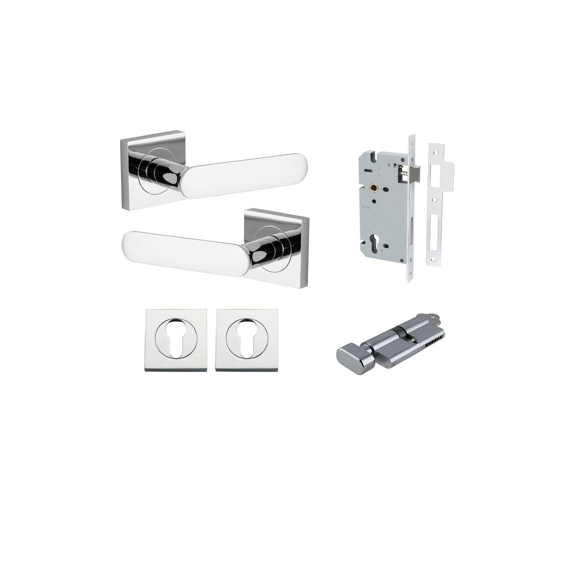 Iver Bronte Door Lever Square Rose Concealed Fix Pair, Passage Kit, Privacy Kit , Entrance Kit with High Security Lock - Polished Chrome