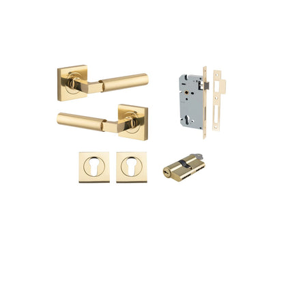 Iver Berlin Door Lever Rose Square Concealed Fix Pair, Passage Kit, Privacy Kit , Entrance Kit with High Security Lock - Polished Brass