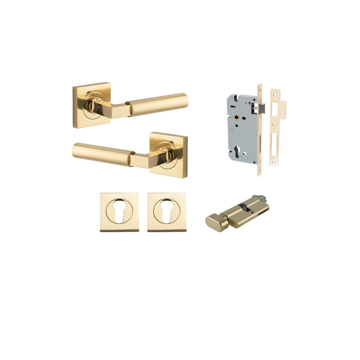 Iver Berlin Door Lever Rose Square Concealed Fix Pair, Passage Kit, Privacy Kit , Entrance Kit with High Security Lock - Polished Brass