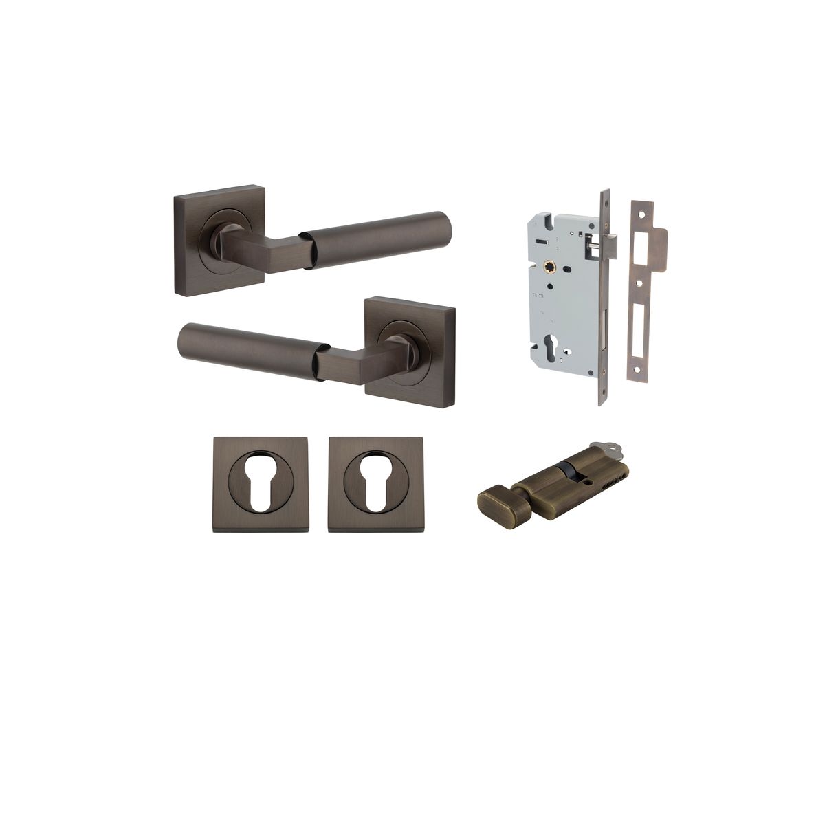 Iver Berlin Door Lever Rose Square Concealed Fix Pair, Passage Kit, Privacy Kit , Entrance Kit with High Security Lock -Signature Brass