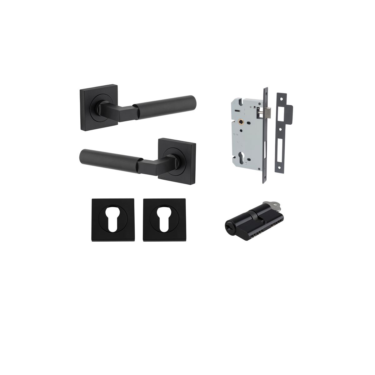 Iver Berlin Door Lever Rose Square Concealed Fix Pair, Passage Kit, Privacy Kit , Entrance Kit with High Security Lock - Matt Black