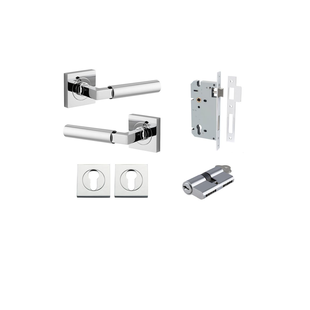 Iver Berlin Door Lever Rose Square Concealed Fix Pair, Passage Kit, Privacy Kit , Entrance Kit with High Security Lock - Polished Chrome