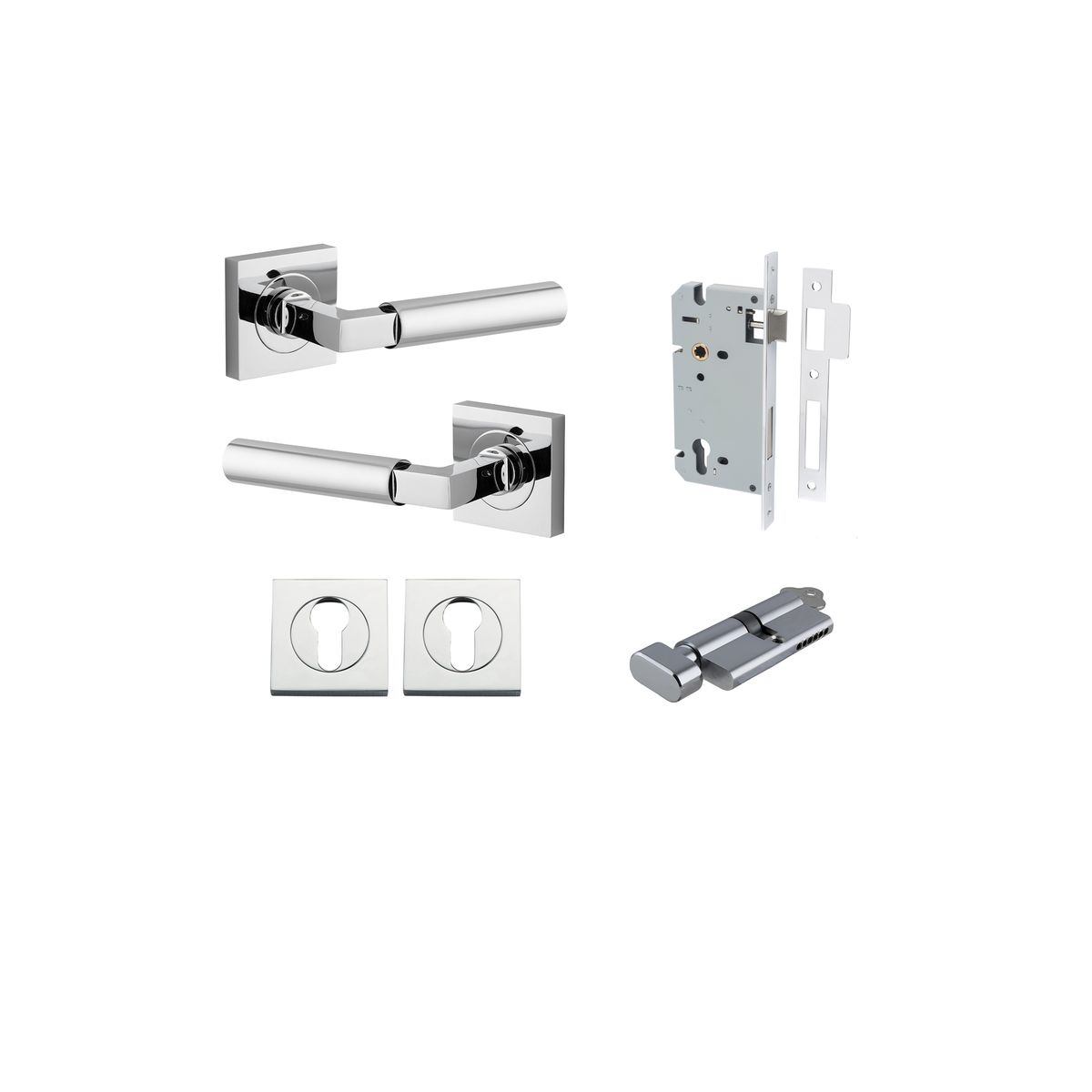 Iver Berlin Door Lever Rose Square Concealed Fix Pair, Passage Kit, Privacy Kit , Entrance Kit with High Security Lock - Polished Chrome