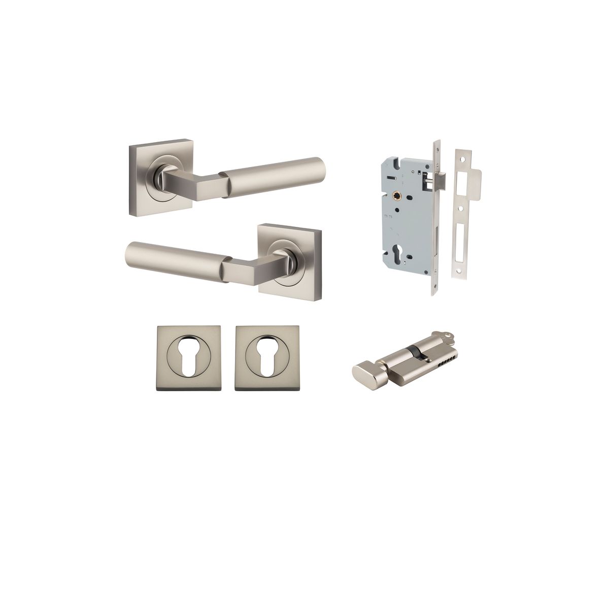 Iver Berlin Door Lever Rose Square Concealed Fix Pair, Passage Kit, Privacy Kit , Entrance Kit with High Security Lock -Satin Nickel