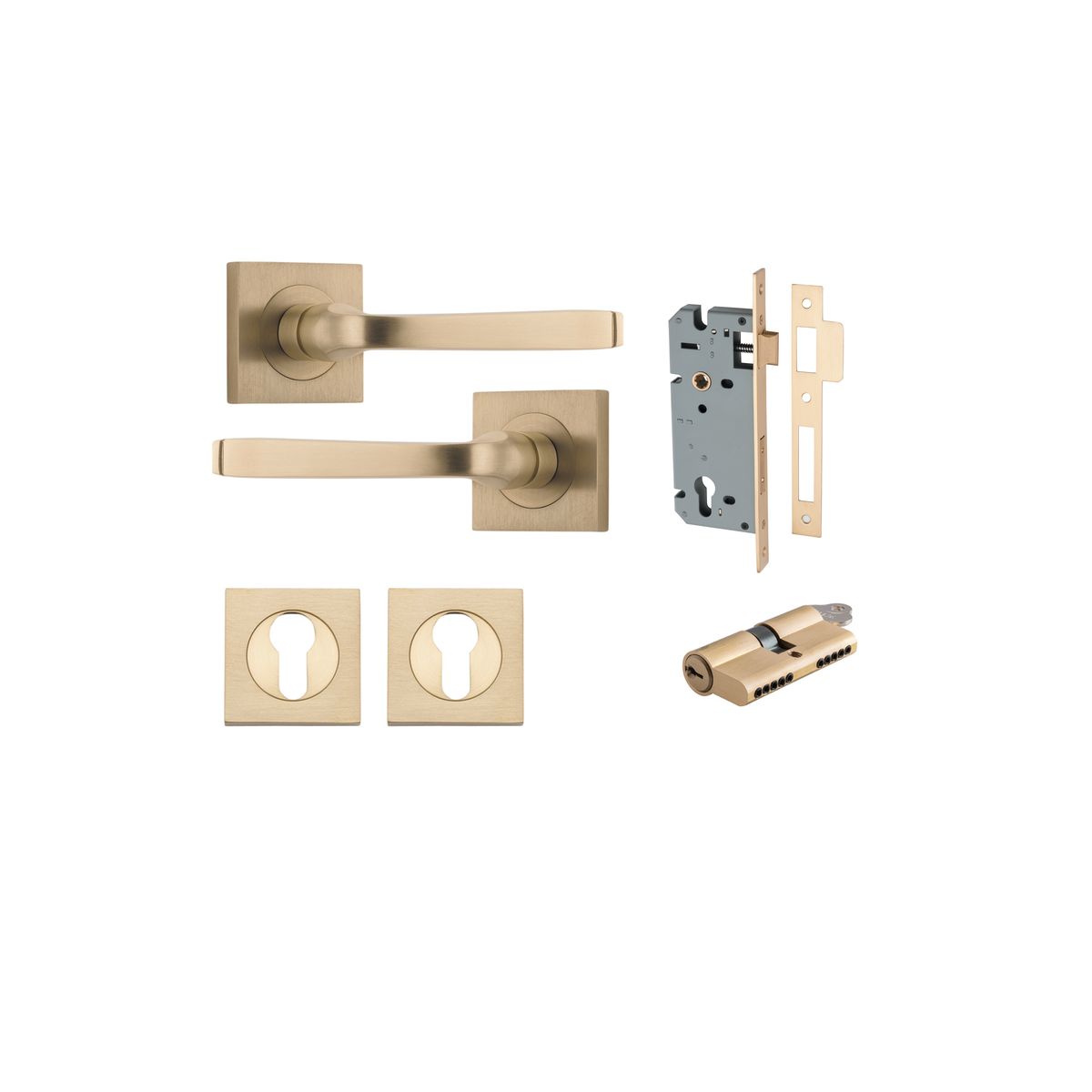Iver Annecy Door Lever Rose Square Concealed Fix Pair, Passage Kit, Privacy Kit , Entrance Kit with High Security Lock -Brushed Brass