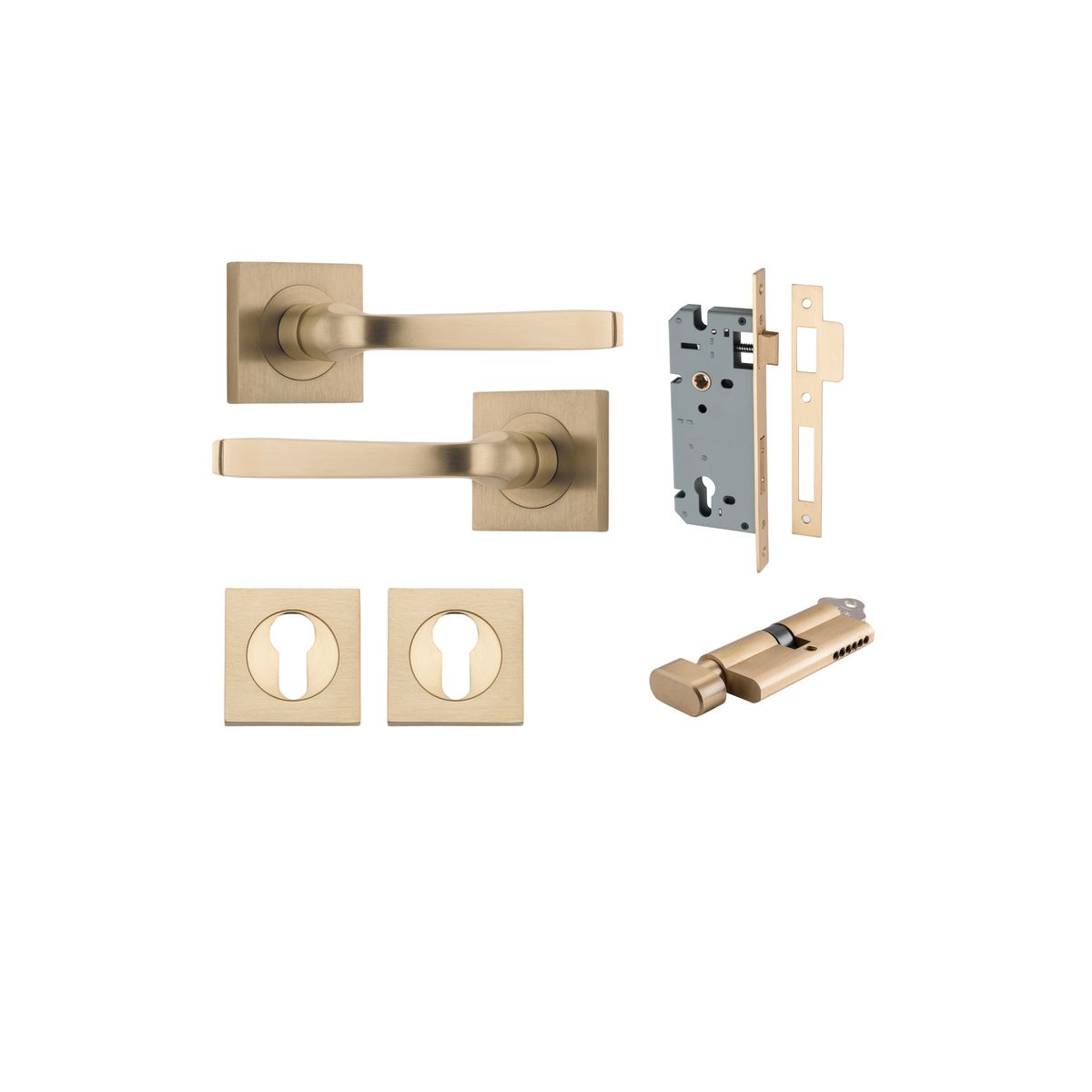 Iver Annecy Door Lever Rose Square Concealed Fix Pair, Passage Kit, Privacy Kit , Entrance Kit with High Security Lock -Brushed Brass