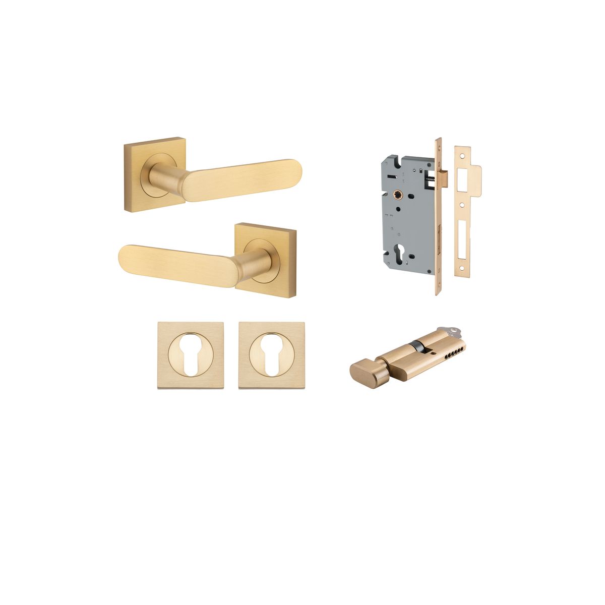 Iver Bronte Door Lever Square Rose Concealed Fix Pair, Passage Kit, Privacy Kit , Entrance Kit with High Security Lock -  Brushed Brass