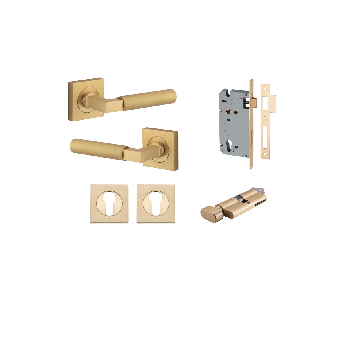 Iver Berlin Door Lever Rose Square Concealed Fix Pair, Passage Kit, Privacy Kit , Entrance Kit with High Security Lock -Brushed Brass