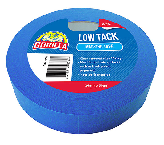 SOUDAL GORILLA LOW TACK MASKING TAPE 15DAY UV RESISTANT 24MM X 50MR PRICED PER ROLL MINIMUM ORDER QUANTITY 12 ROLLS