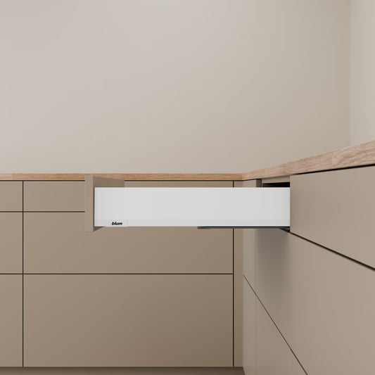 Blum Merivobox Kitset M Height 108mm - 40kg & 70kg  Length Available in 6 sizes : 270mm ,350mm ,400mm ,450mm ,500mm & 550mm