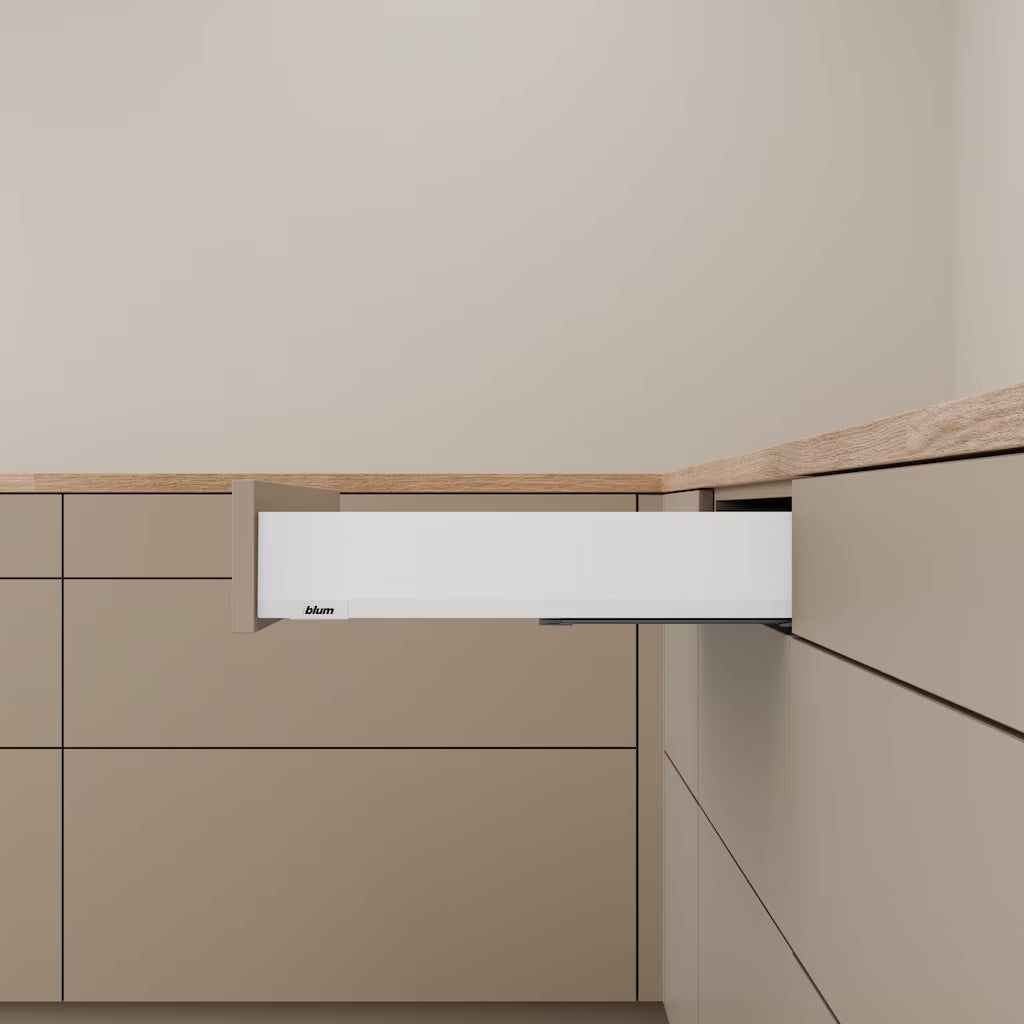 Blum Merivobox Kitset M Height 108mm - 40kg & 70kg  Length Available in 6 sizes : 270mm ,350mm ,400mm ,450mm ,500mm & 550mm