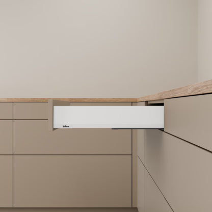 Blum Merivobox Kitset M Height 108mm - 40kg & 70kg  Length Available in 6 sizes : 270mm ,350mm ,400mm ,450mm ,500mm & 550mm