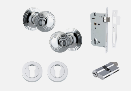 Iver Guildford Door Knob 0224 Round Rose Polished Chrome - Passage kit ,Privacy kit & Entrance Kit (Dual Function 5 pin and Key Thumb 6 Pin)