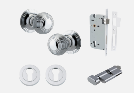 Iver Guildford Door Knob 0224 Round Rose Polished Chrome - Passage kit ,Privacy kit & Entrance Kit (Dual Function 5 pin and Key Thumb 6 Pin)