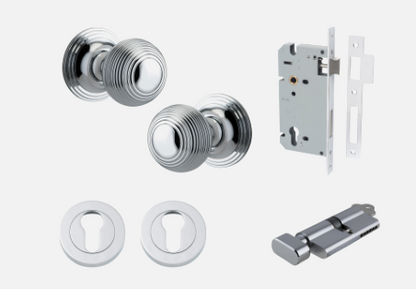 Iver Guildford Door Knob 0224 Round Rose Polished Chrome - Passage kit ,Privacy kit & Entrance Kit (Dual Function 5 pin and Key Thumb 6 Pin)