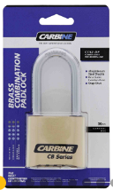 Carbine Australia Combination Padlock 4 Wheel Brass Body, Twin Ball Locking 7.9mm x 26mm x 50mm & 7.9mm x 60mm x 50mm Molybdeum Shackle - Brass