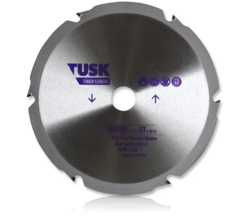 Tusk Heavy Duty PCD Fibre Cement Blades - 125x1.6x4Tx20 ,160 x 2.2/1.6 x 6T x 20/16 ,185 x 2.2/1.6 x 6T x 20 (20/16) ,254 x 2.4/1.8 x 8T x 30 (25.4/25/16) & 305 x 2.6/2 x 10T x 30 (25.4/25/20/16)