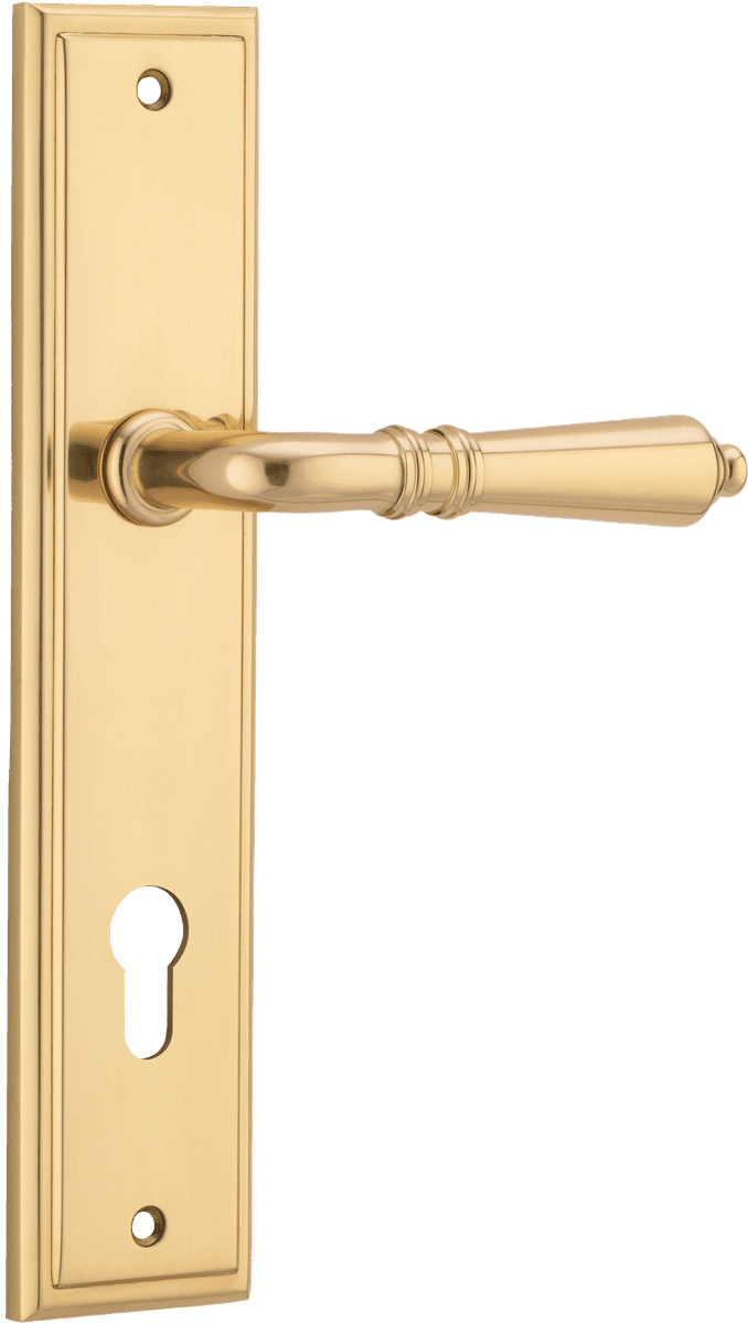 Iver Sarlat  Door Lever Stepped Latch Pair, Passage Kit, Privacy Kit , Entrance Kit with High Security Lock - Polished Brass