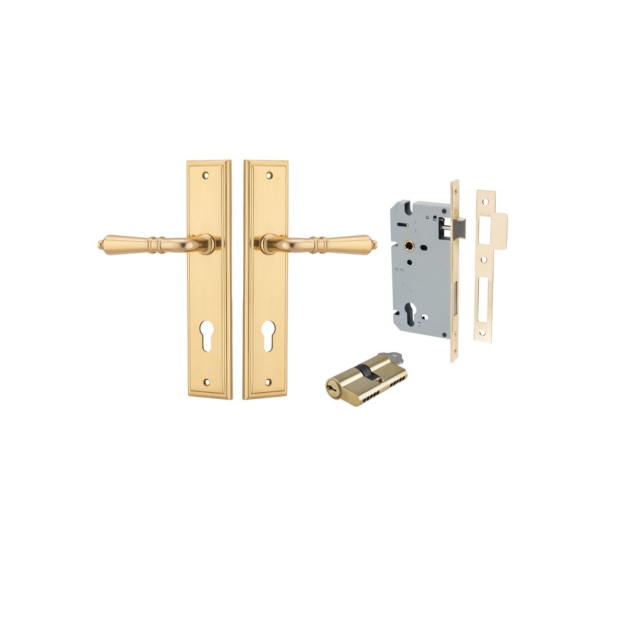 Iver Sarlat  Door Lever Stepped Latch Pair, Passage Kit, Privacy Kit , Entrance Kit with High Security Lock - Polished Brass