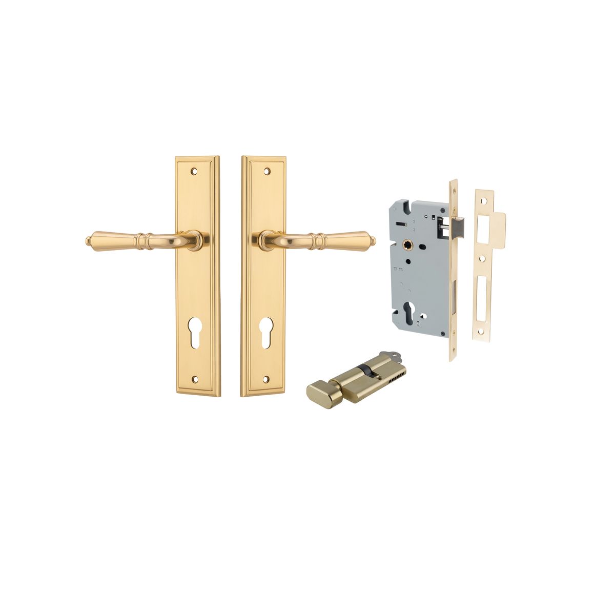 Iver Sarlat  Door Lever Stepped Latch Pair, Passage Kit, Privacy Kit , Entrance Kit with High Security Lock - Polished Brass