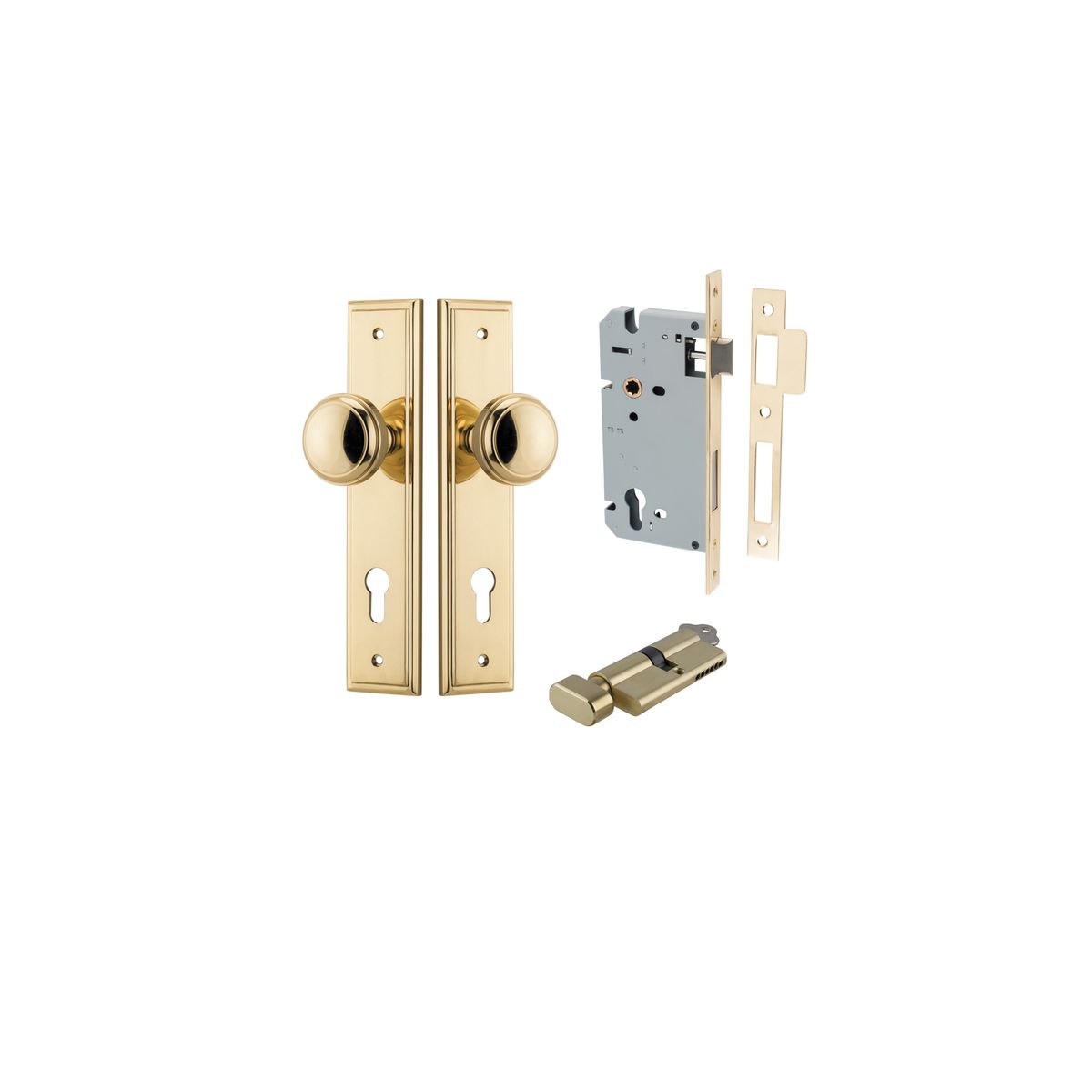 Iver Paddington  Door Knob Stepped Latch Pair, Passage Kit, Privacy Kit , Entrance Kit with High Security Lock - Polished Brass